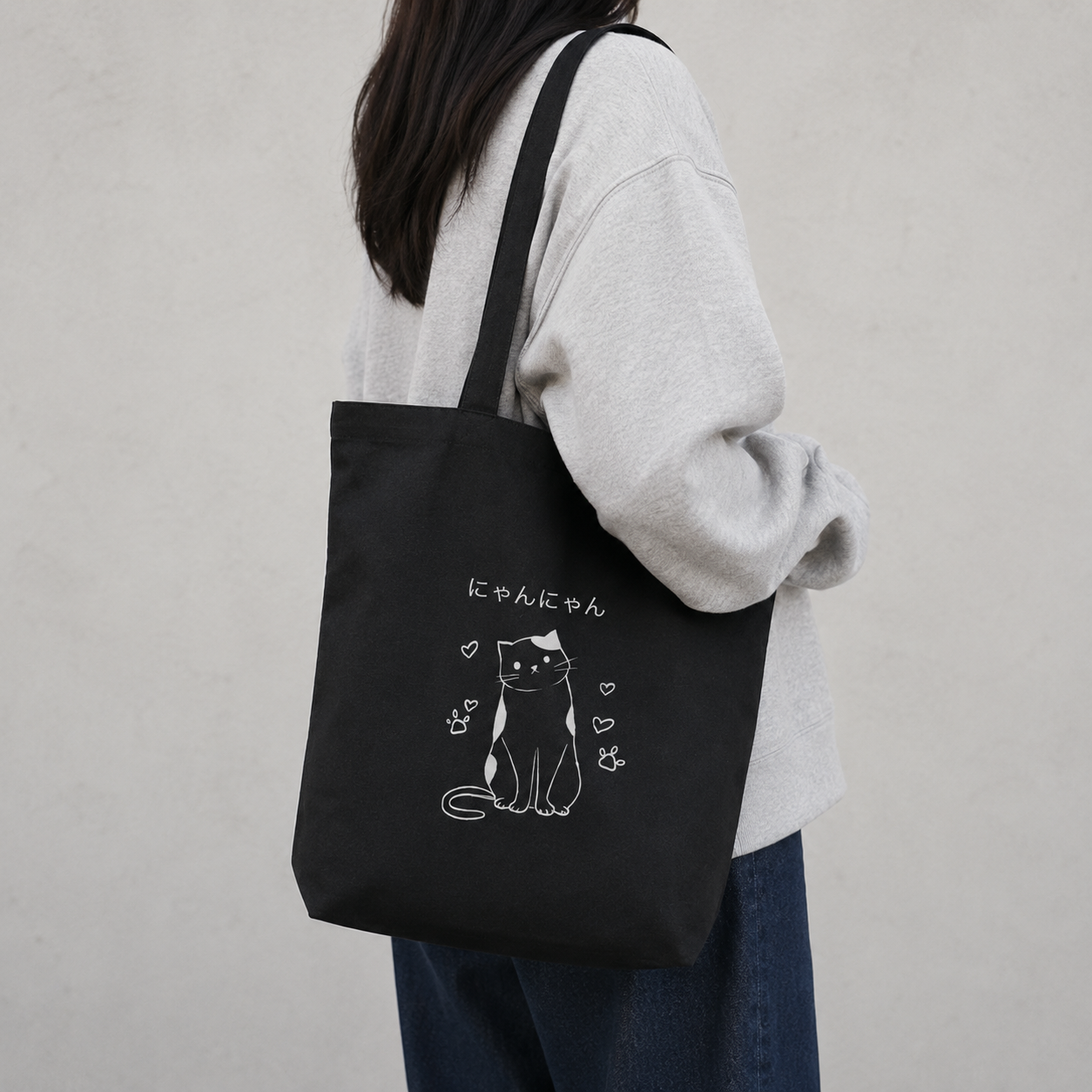 Nyan Nyan Cute Cat Canvas Tote (Black)