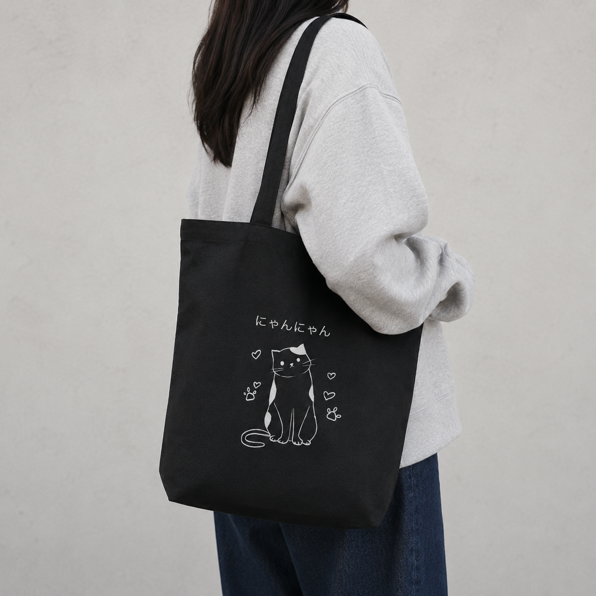 Nyan Nyan Cute Cat Canvas Tote (Black)