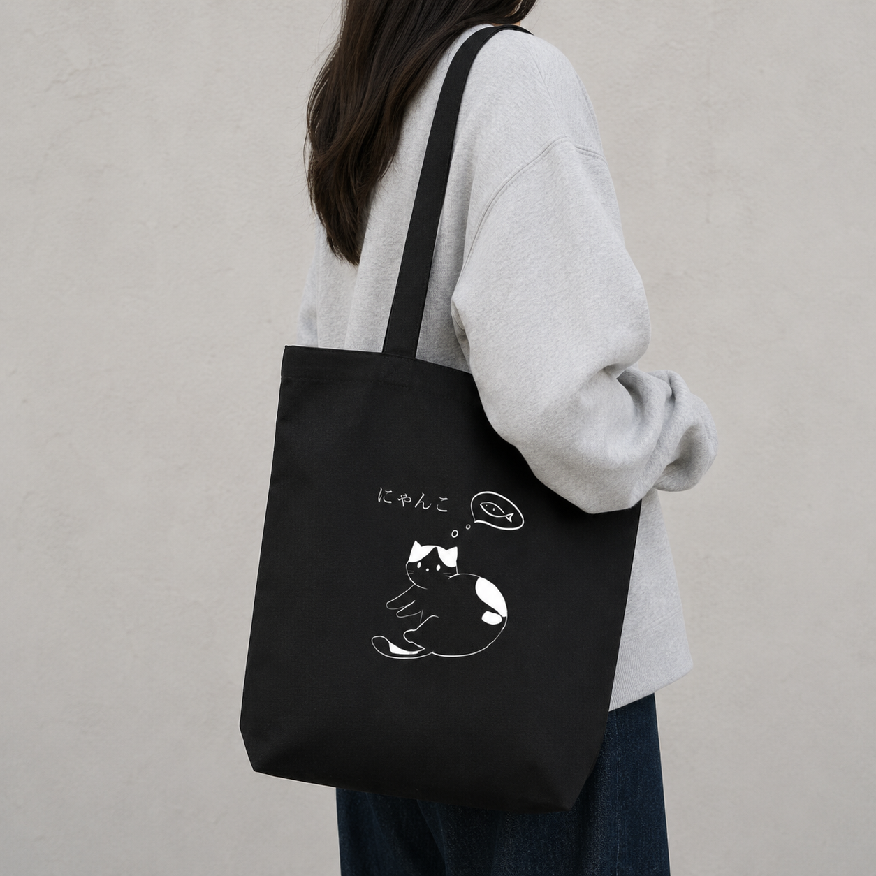 Fish Dream Cat Canvas Tote Black